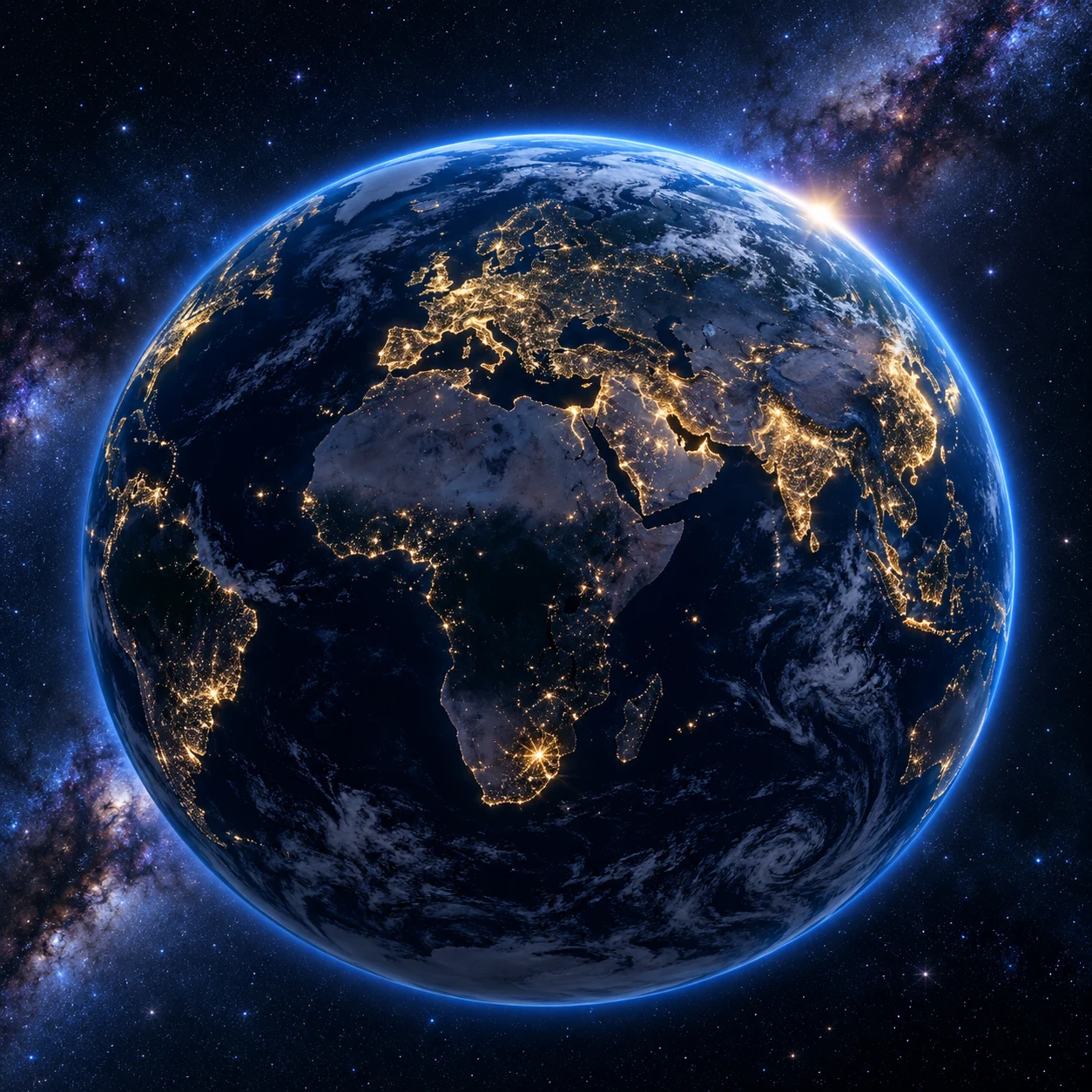 Earth illuminated by a global network of city lights